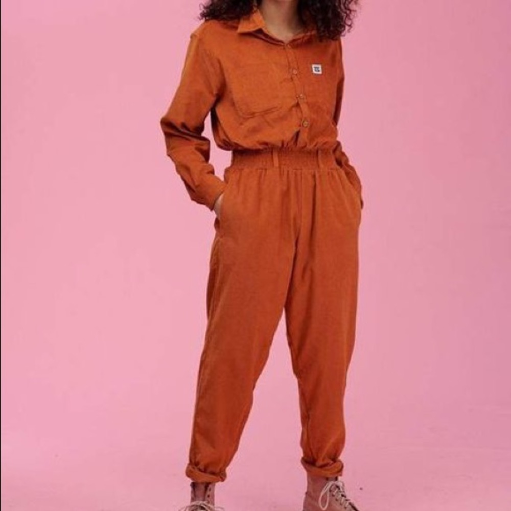 Lucy & Yak burnt orange corduroy boilersuit